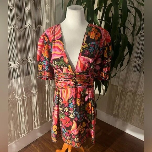 RARE Farm Rio Spring Banana Floral Mini Dress Pleated V-Neck Black XL - Picture 4 of 7